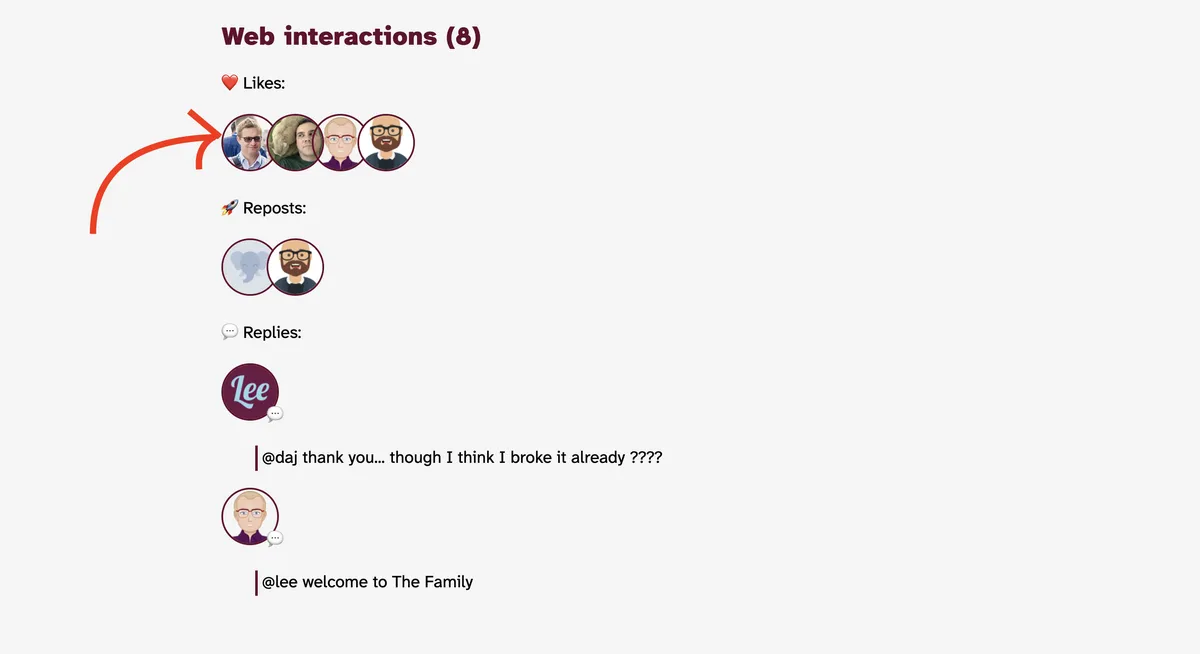 Screenshot from my website showing my webmention avatar sliding in with the other likes below a post