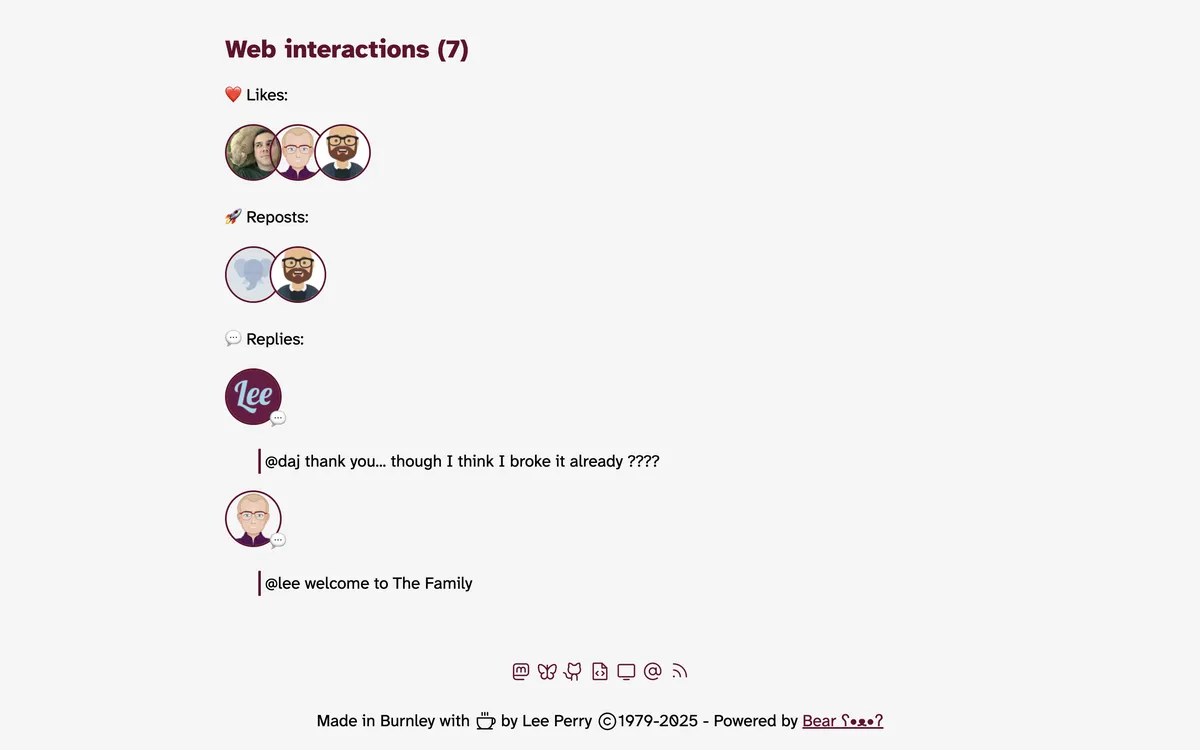 Screenshot of this website showing like, boost and comment webmentions displayed below an article