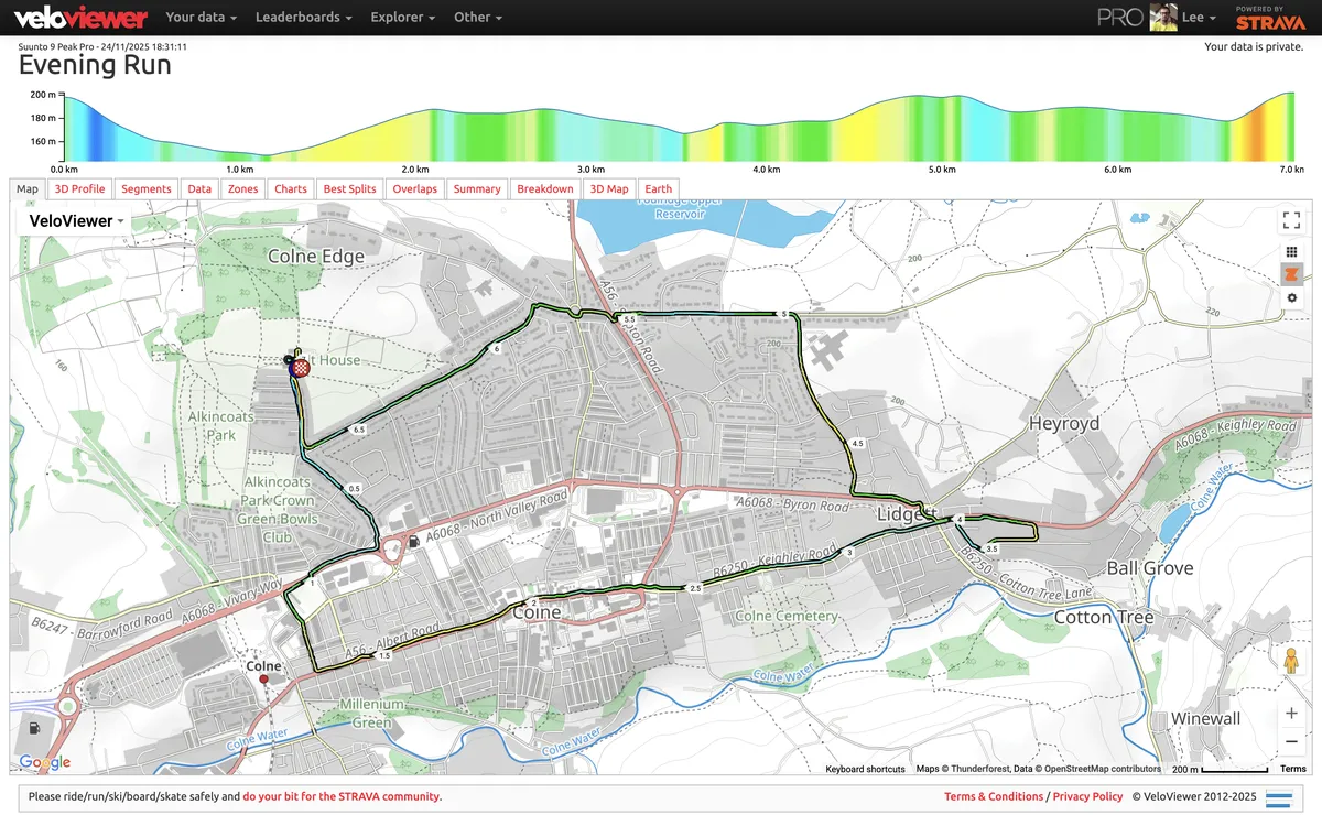 Screenshot from Veloviewer showing route map and elevation profile