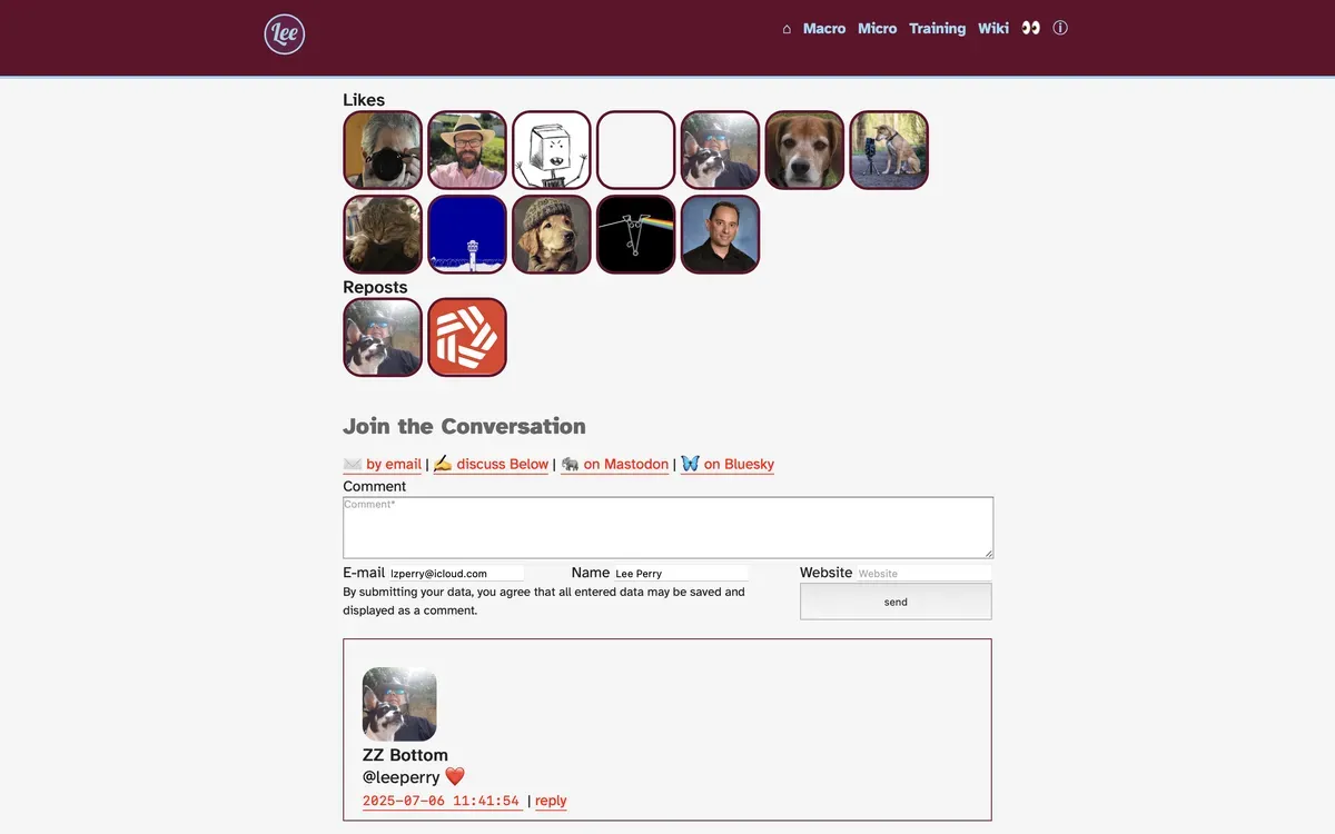 Screenshot showing current webmention and comment functionality on my existing website