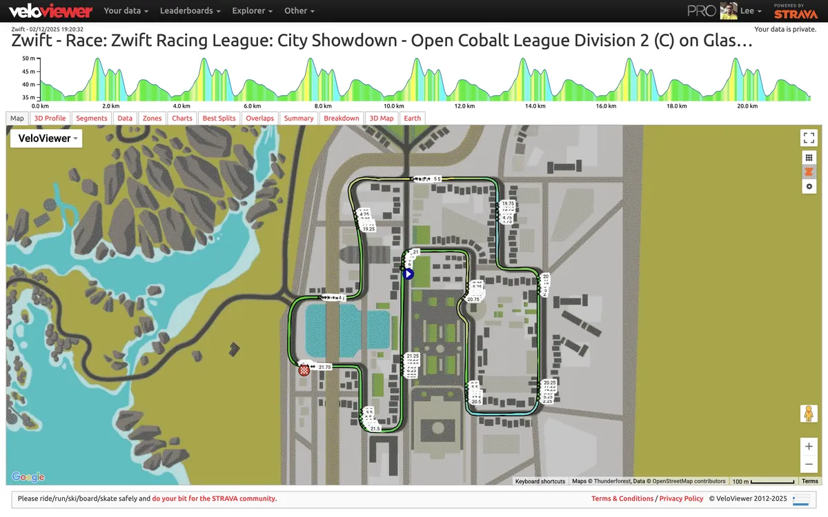 Screenshot from Veloviewer showing ride map and elevation profile