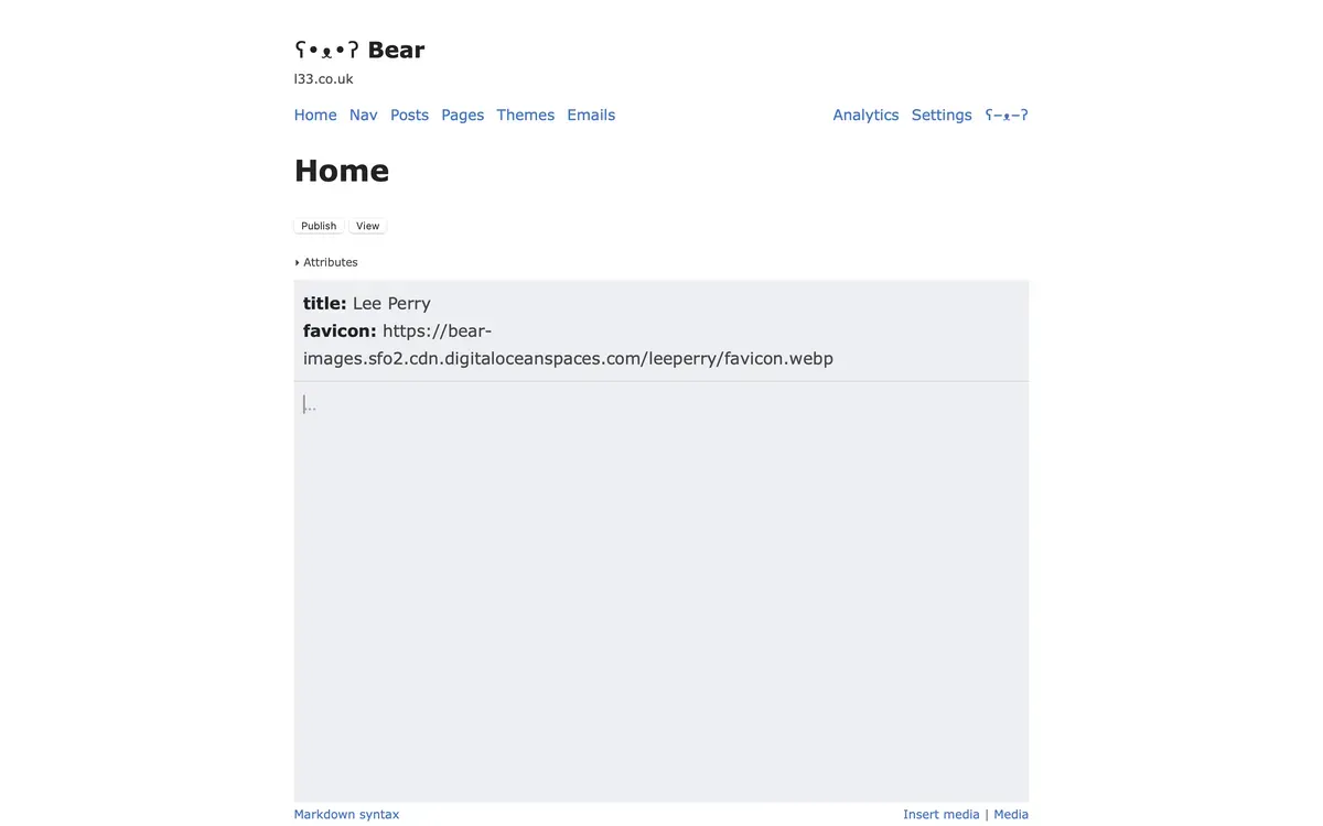 Screenshot of the Bear 'home' dashboard with favicon url pointing towards an uploaded file