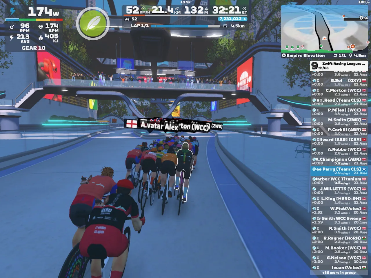 Riders avatars cycling in a colorful futuristic setting on Zwift