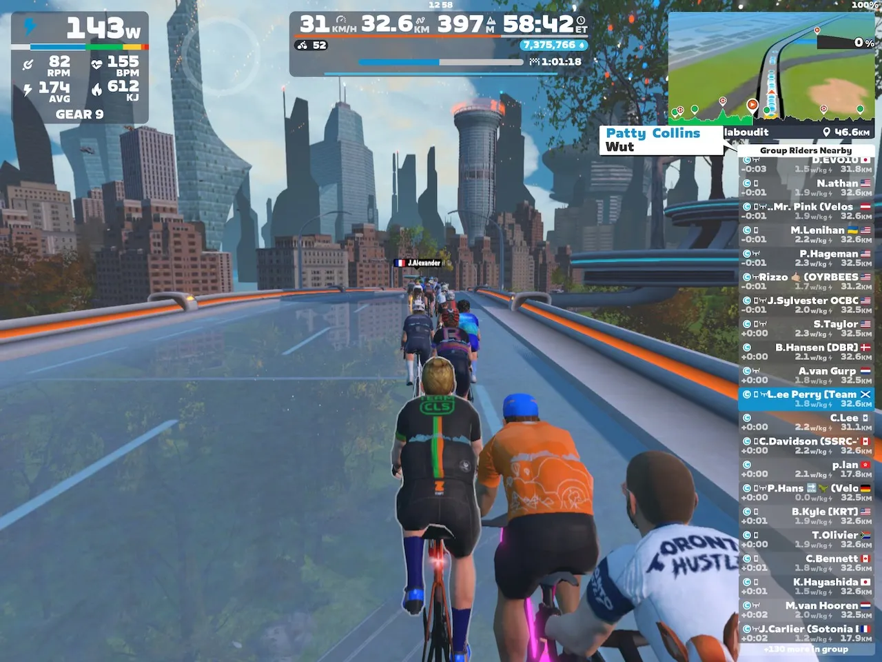 Riders avatars riding on an elevated glass road with a futuristic New York skyline beyond